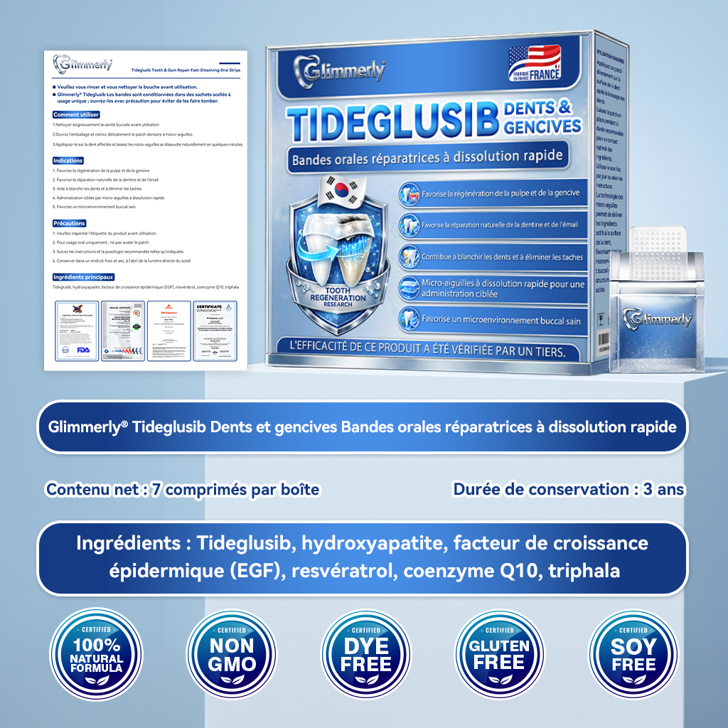 🎁Sourire instantané 🎁 𝐺𝑙𝑖𝑚𝑚𝑒𝑟𝑙𝑦® Tideglusib Dents et gencives Bandes orales réparatrices à dissolution rapide 💎 (Restaure émail/dentine • Renforce gencives • Élimine tartre & odeurs • Blanchit • Fin des sensibilités)