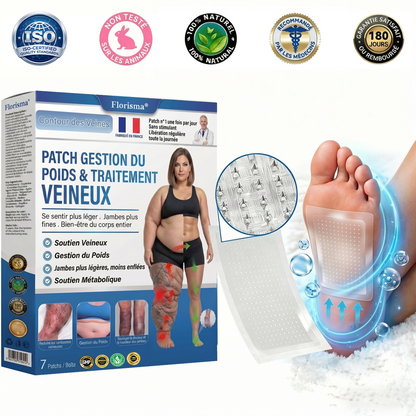 Florisma® Patch Gestion du Poids & Traitement Veineux 👩‍⚕️ Une seule fois par jour : des résultats en 7 jours 🏆 Favorise la perte de poids et soulage les varices, les varicosités ainsi que les jambes lourdes et fatiguées.