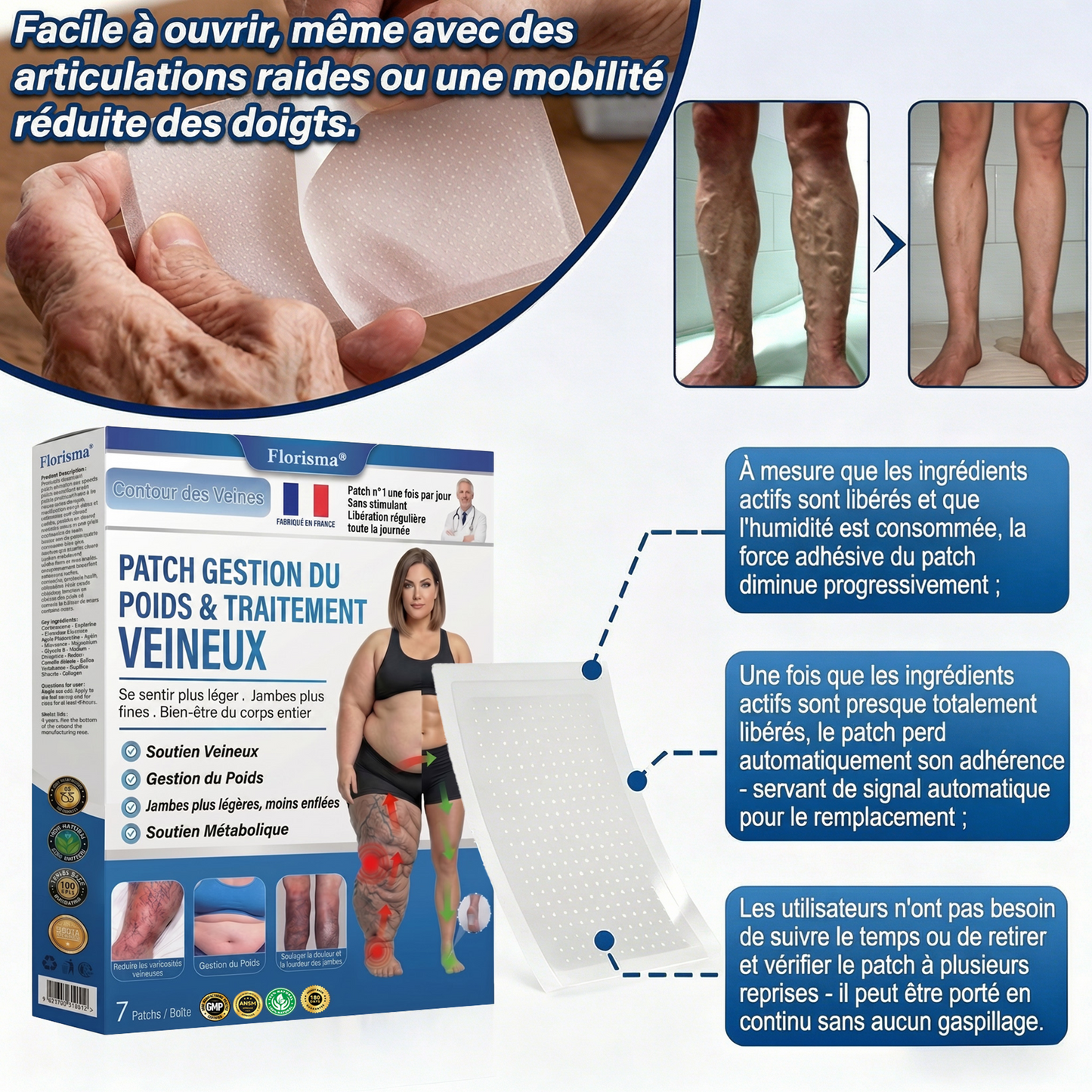 Florisma® Patch Gestion du Poids & Traitement Veineux 👩‍⚕️ Une seule fois par jour : des résultats en 7 jours 🏆 Favorise la perte de poids et soulage les varices, les varicosités ainsi que les jambes lourdes et fatiguées.