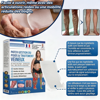 Florisma® Patch Gestion du Poids & Traitement Veineux 👩‍⚕️ Une seule fois par jour : des résultats en 7 jours 🏆 Favorise la perte de poids et soulage les varices, les varicosités ainsi que les jambes lourdes et fatiguées.