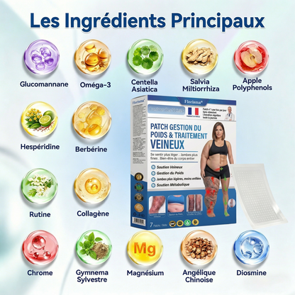Florisma® Patch Gestion du Poids & Traitement Veineux 👩‍⚕️ Une seule fois par jour : des résultats en 7 jours 🏆 Favorise la perte de poids et soulage les varices, les varicosités ainsi que les jambes lourdes et fatiguées.